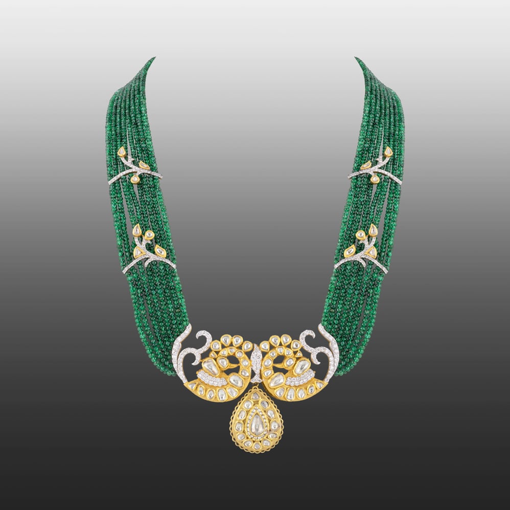 Layered Emerald Bead Necklace with Peacock Polki & Bud Motifs